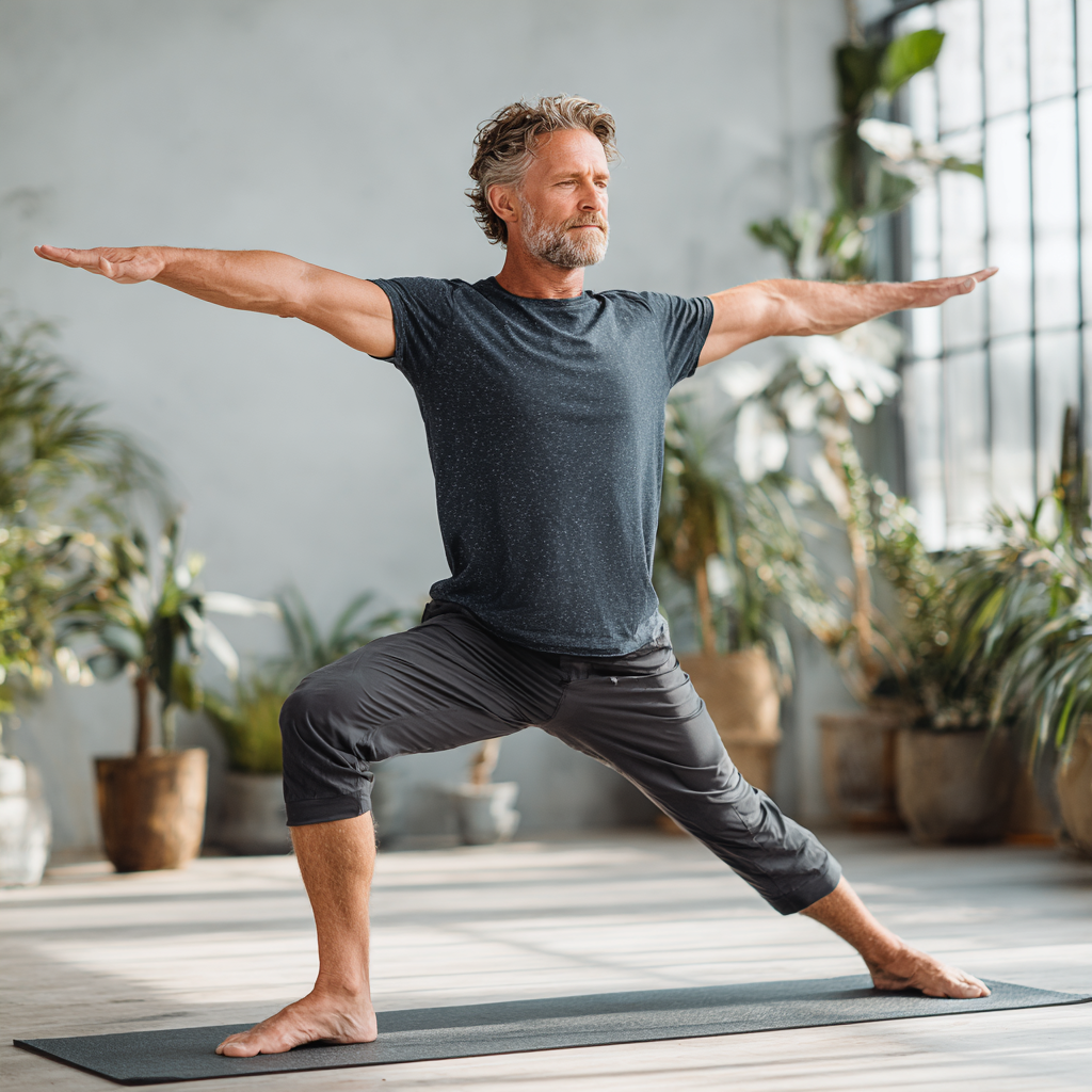 Mature man in his early 50s performing yoga warrior pose on a yoga mat in a bright studio with plants in the background, demonstrating strength and balance